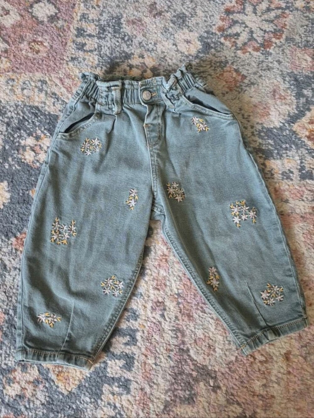 Zara Embroidered Green Denim Pants